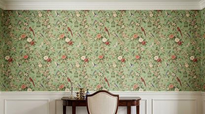 Blossom Birds Wallpaper Sage Green Chinoiserie Pattern