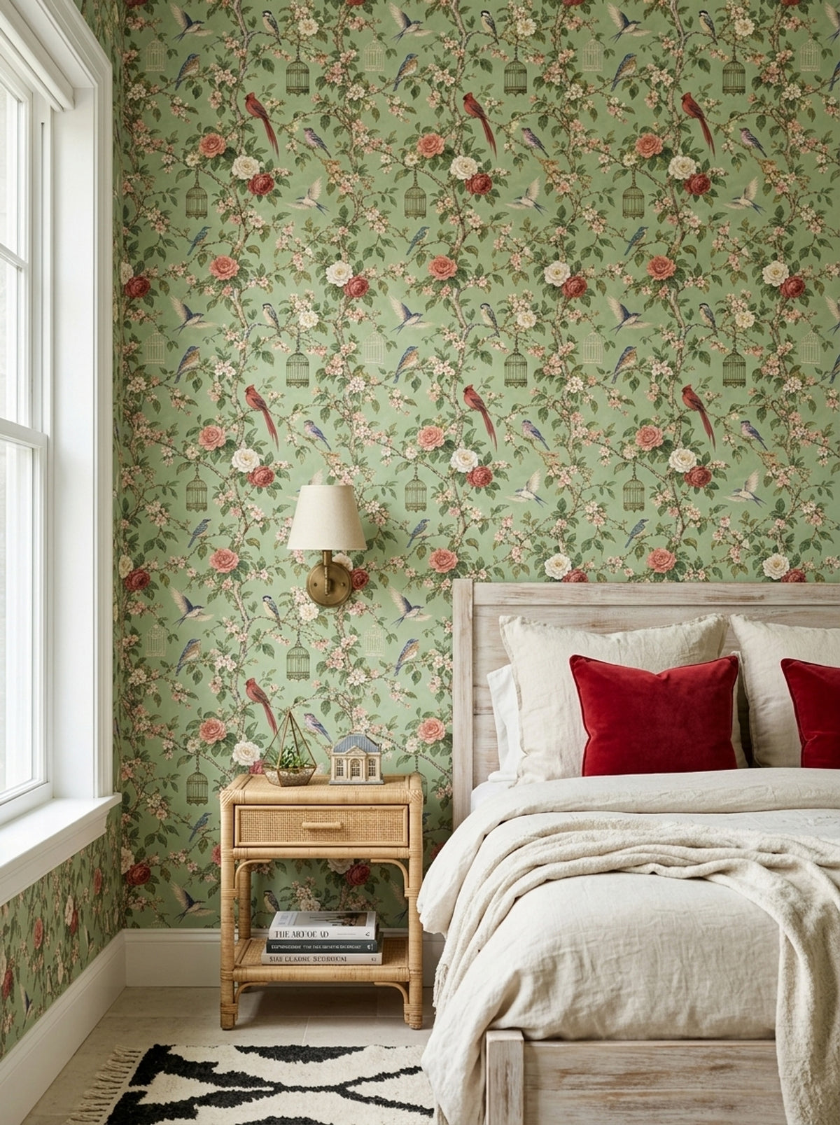 Blossom Birds Wallpaper Sage Green Chinoiserie Pattern