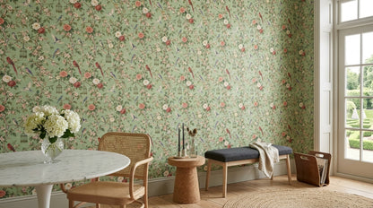 Blossom Birds Wallpaper Sage Green Chinoiserie Pattern