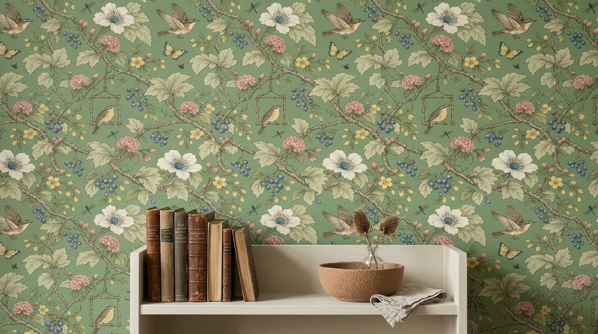 Birds And Branches Wallpaper Sage Green Vintage Garden