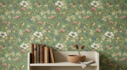 Birds And Branches Wallpaper Sage Green Vintage Garden