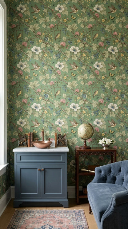 Birds And Branches Wallpaper Sage Green Vintage Garden