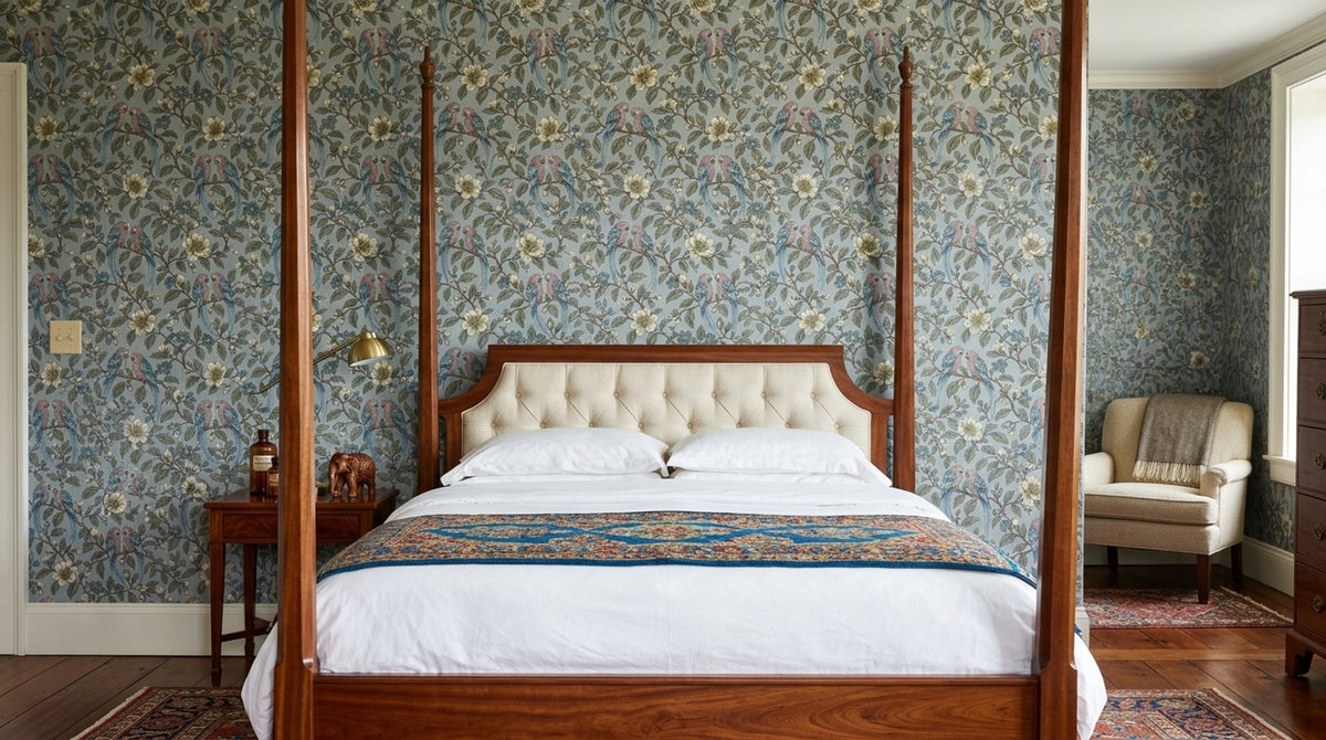 Parrot Pairs Wallpaper Chinoiserie Floral Branch Pattern