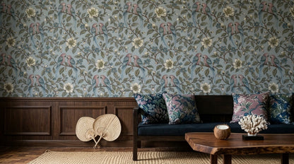 Parrot Pairs Wallpaper Chinoiserie Floral Branch Pattern