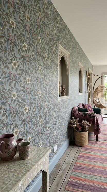 Parrot Pairs Wallpaper Chinoiserie Floral Branch Pattern