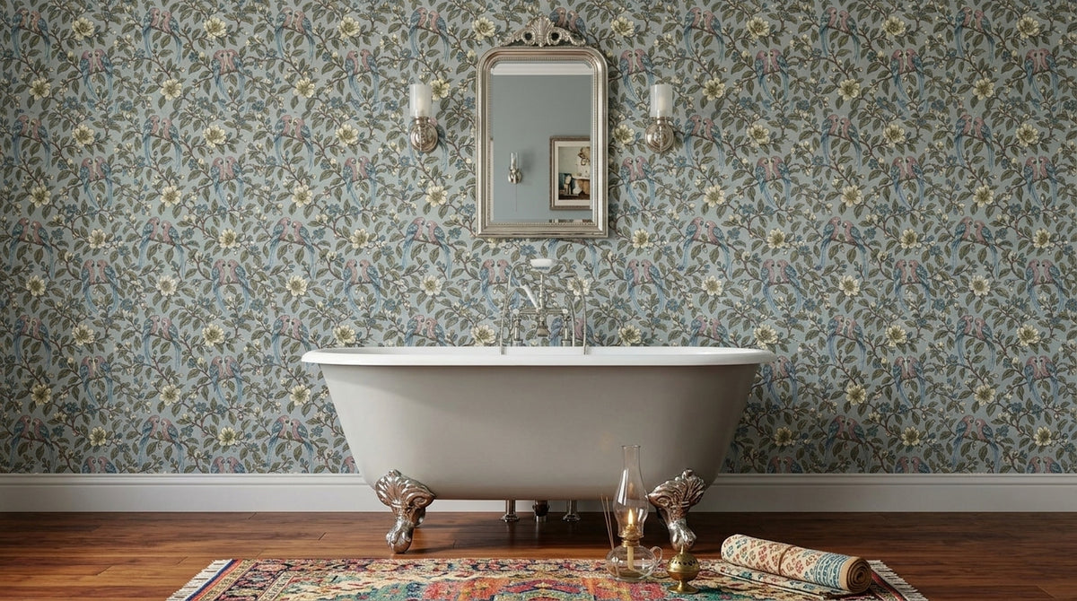 Parrot Pairs Wallpaper Chinoiserie Floral Branch Pattern