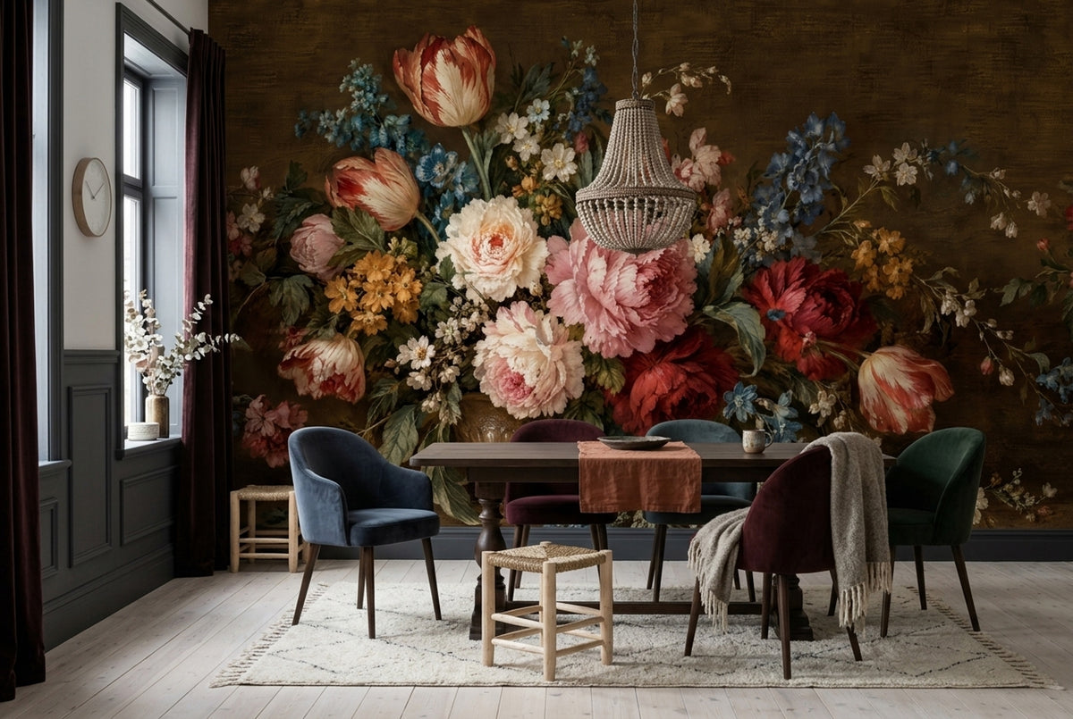 Vintage Vase Floral Wallpaper Dark Wall Mural