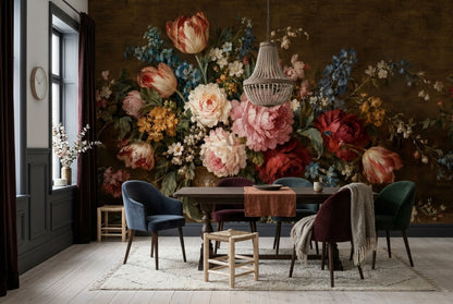 Vintage Vase Floral Wallpaper Dark Wall Mural
