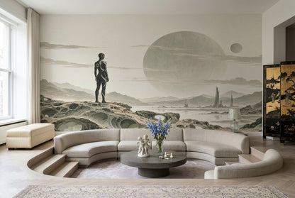 Alien Planet Explorer Wallpaper Beige Sci Fi Landscape Wall Mural
