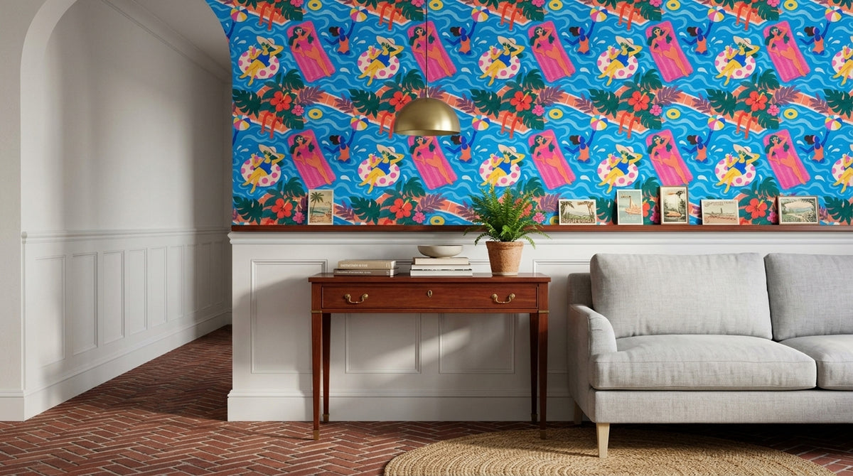 Swimming Pool Party Wallpaper Tropical Collage Pattern