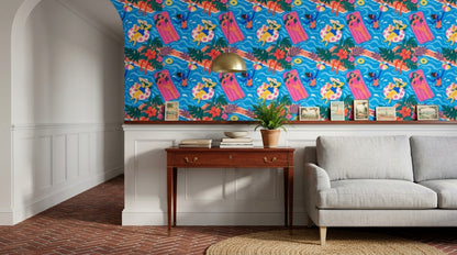 Swimming Pool Party Wallpaper Tropical Collage Pattern