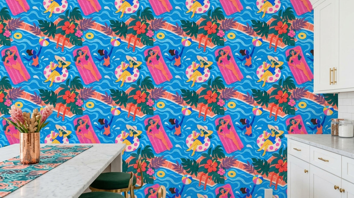 Swimming Pool Party Wallpaper Tropical Collage Pattern