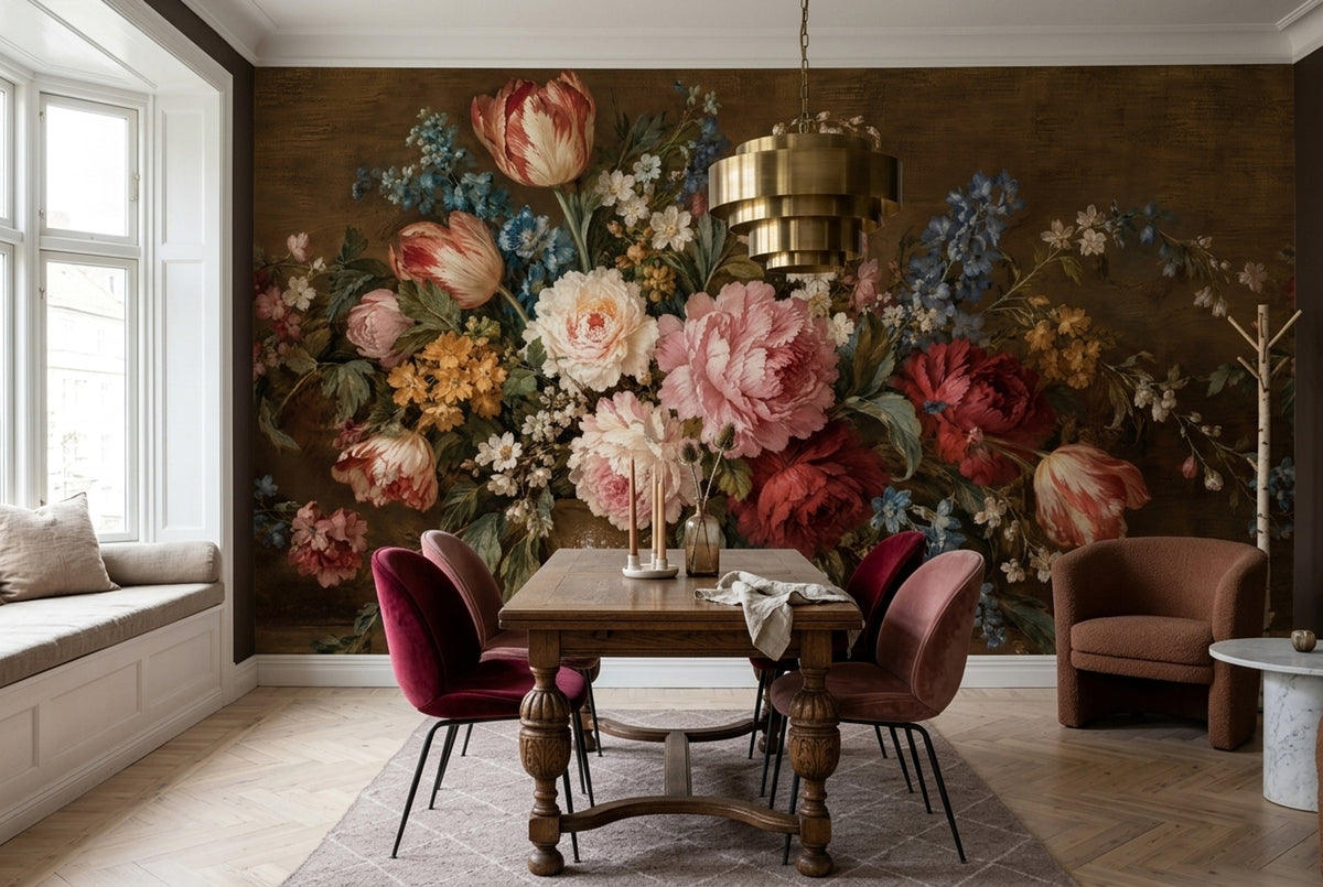 Vintage Vase Floral Wallpaper Dark Wall Mural