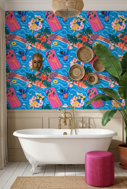Swimming Pool Party Wallpaper Tropical Collage Pattern