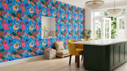 Swimming Pool Party Wallpaper Tropical Collage Pattern