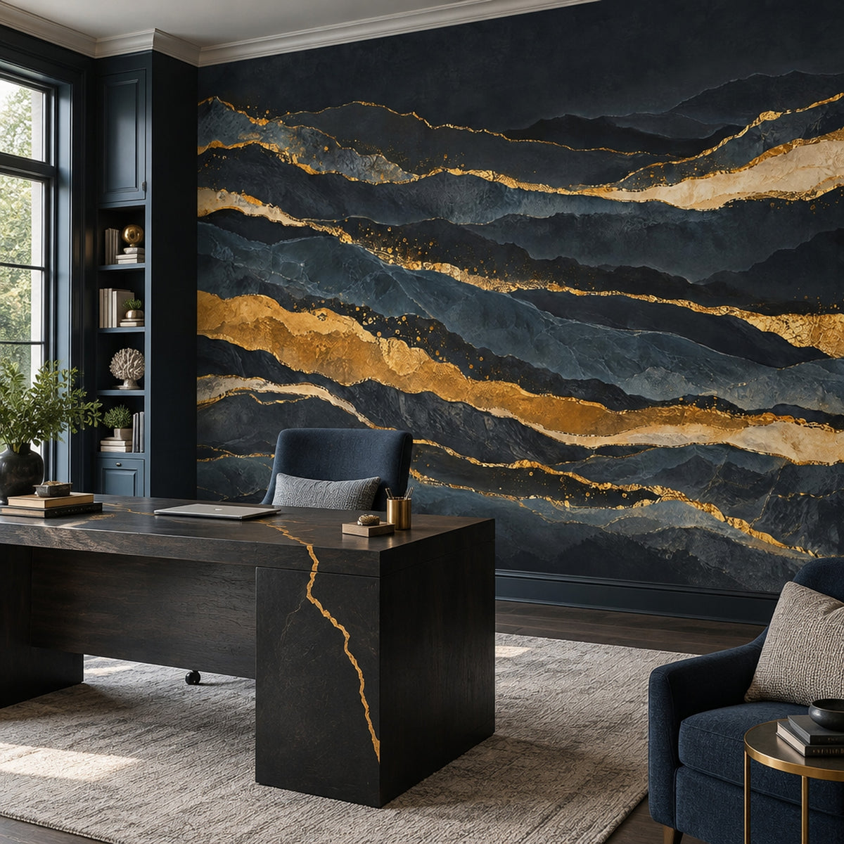 Dark Mountain Layers Wallpaper Gold Veins Wall Mural