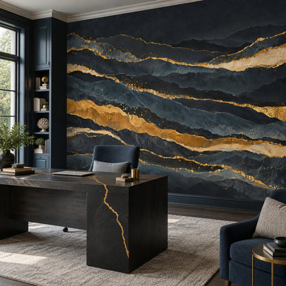 Dark Mountain Layers Wallpaper Gold Veins Wall Mural