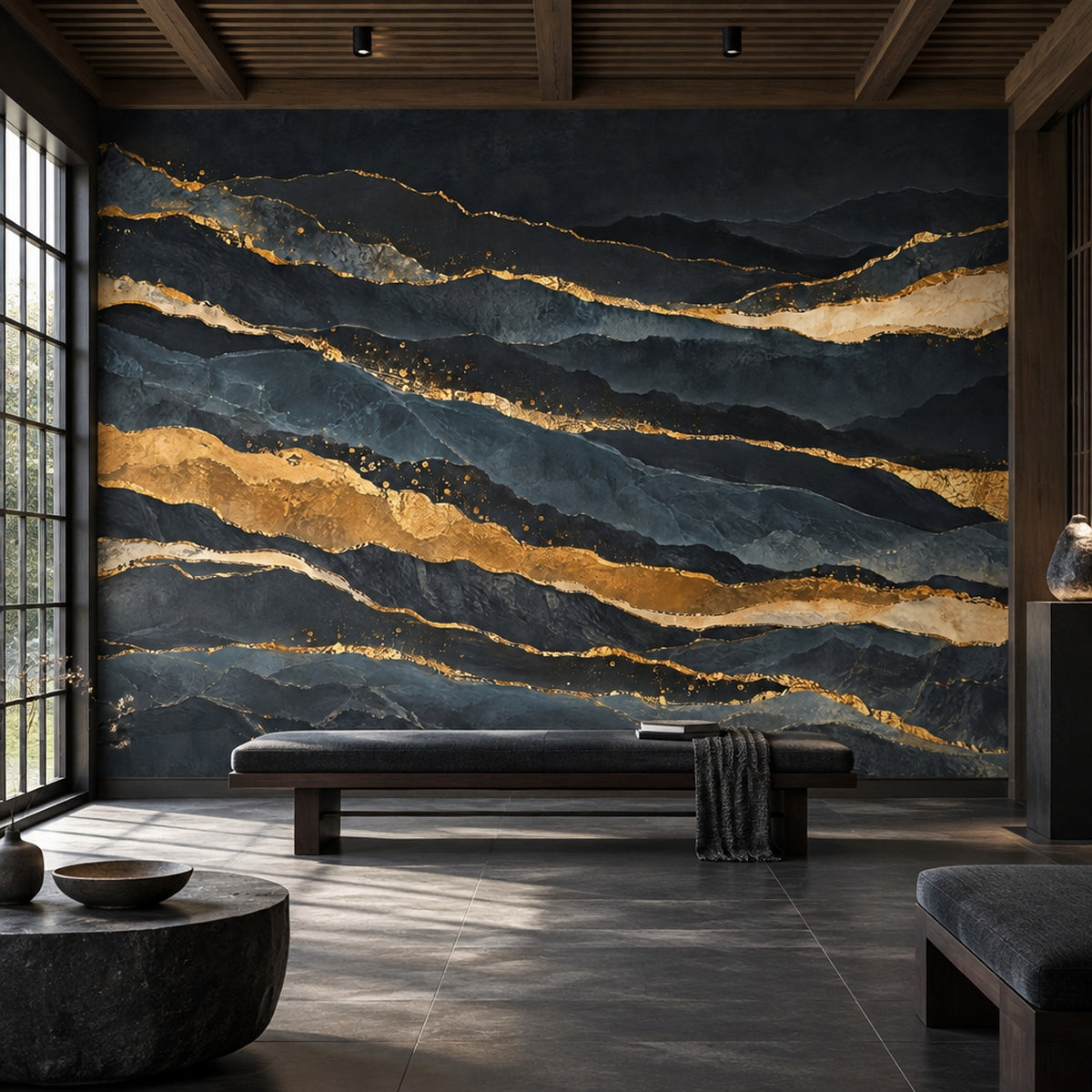 Dark Mountain Layers Wallpaper Gold Veins Wall Mural