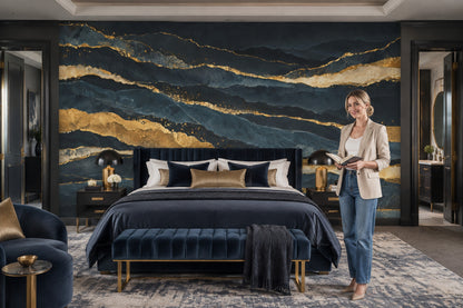 Dark Mountain Layers Wallpaper Gold Veins Wall Mural