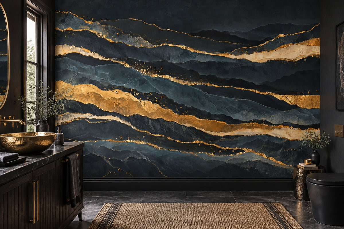 Dark Mountain Layers Wallpaper Gold Veins Wall Mural