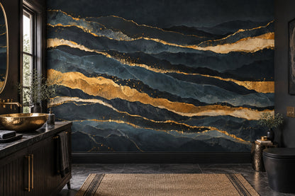 Dark Mountain Layers Wallpaper Gold Veins Wall Mural