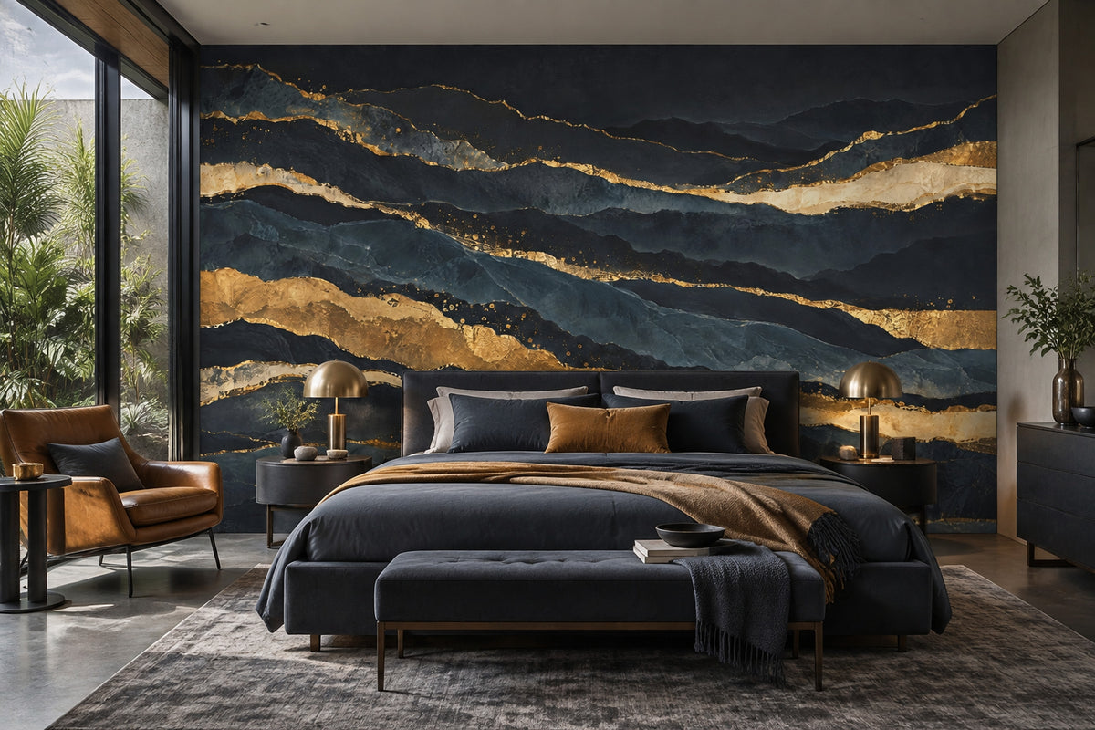 Dark Mountain Layers Wallpaper Gold Veins Wall Mural