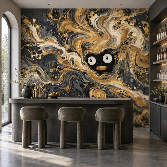 Abstract Face Swirl Wallpaper Black Gold Wall Mural