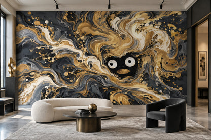Abstract Face Swirl Wallpaper Black Gold Wall Mural