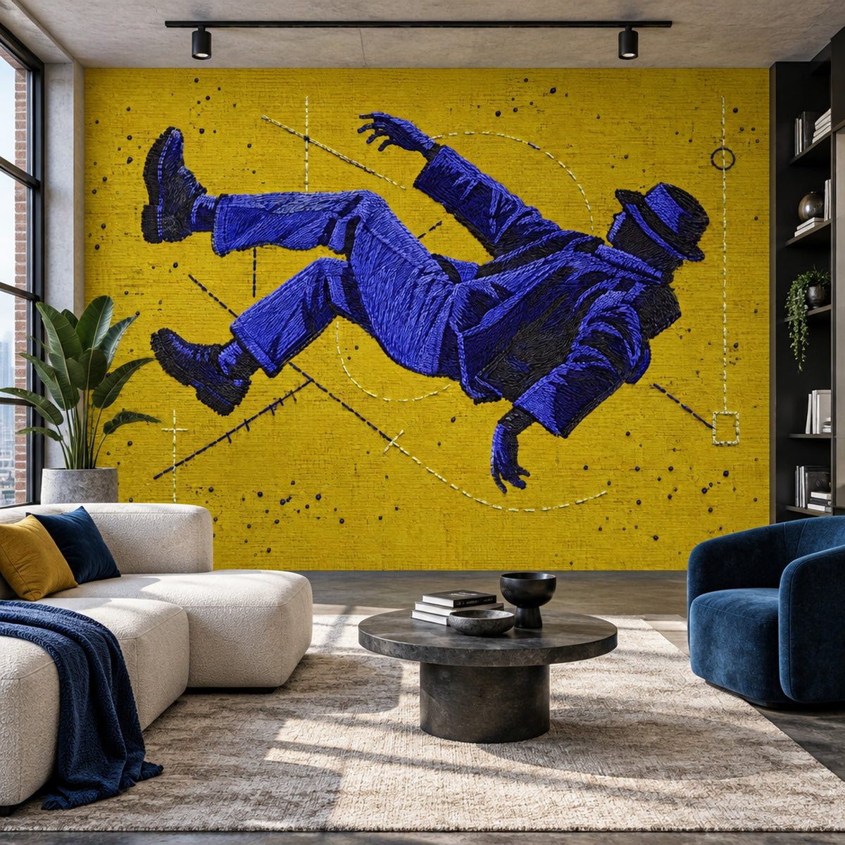 Floating Embroidered Figure Wallpaper Yellow Graphic Wall Mural