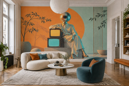 Disco Head Figure Wallpaper Retro Futurist Wall Mural