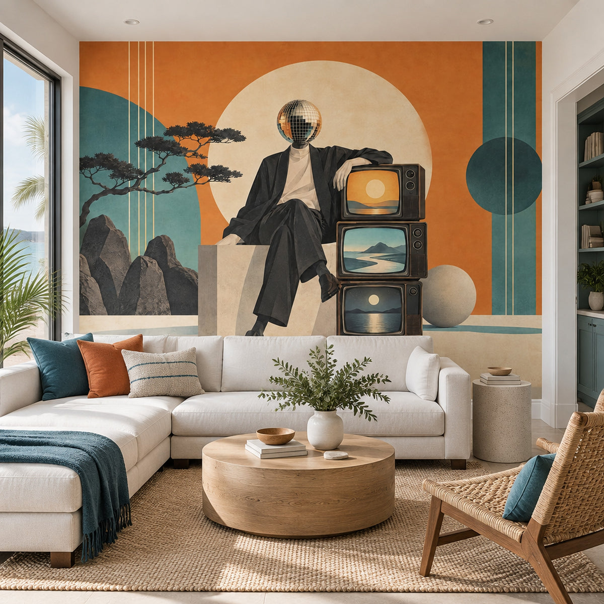 Surreal Disco Head Figure Wallpaper Mid Century Modern Wall Mural