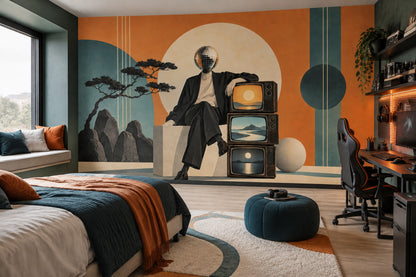 Surreal Disco Head Figure Wallpaper Mid Century Modern Wall Mural