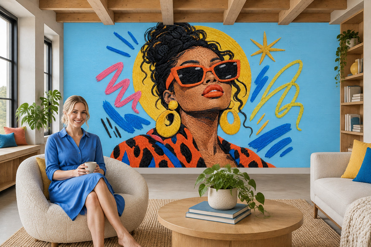 Embroidered Sunglasses Woman Wallpaper Pop Art Portrait Wall Mural