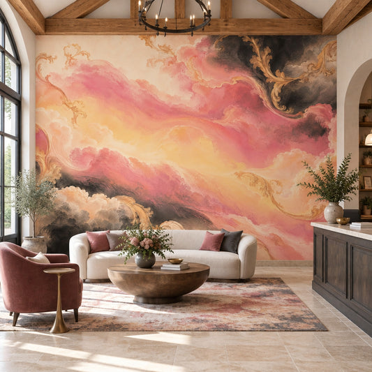Pink Cloud Sky Wallpaper Gold Scrollwork Wall Mural