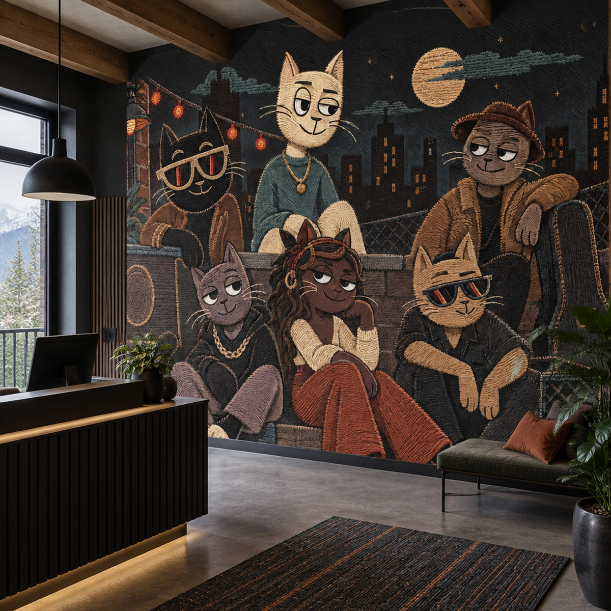 Cool Cat Rooftop Jam Wallpaper Brick Wall Night City Wall Mural