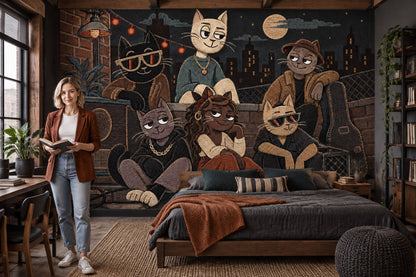 Cool Cat Rooftop Jam Wallpaper Brick Wall Night City Wall Mural