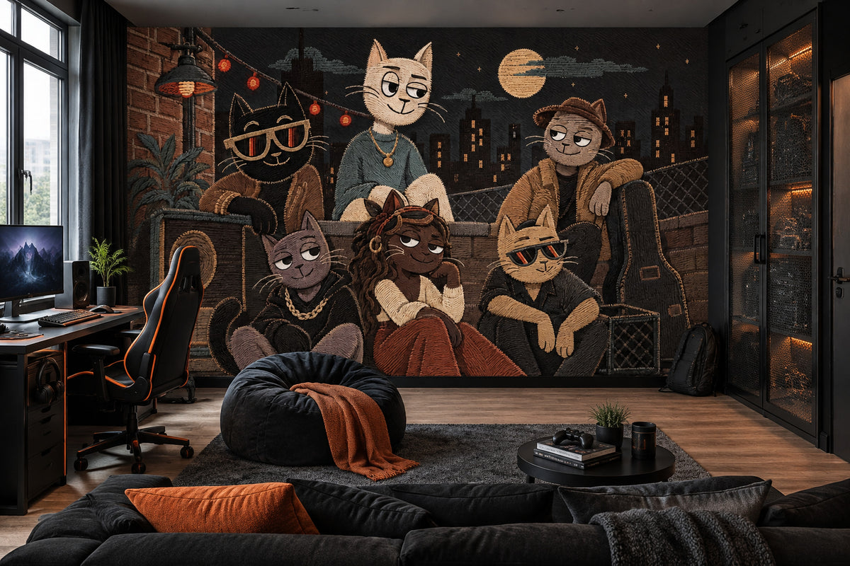 Cool Cat Rooftop Jam Wallpaper Brick Wall Night City Wall Mural
