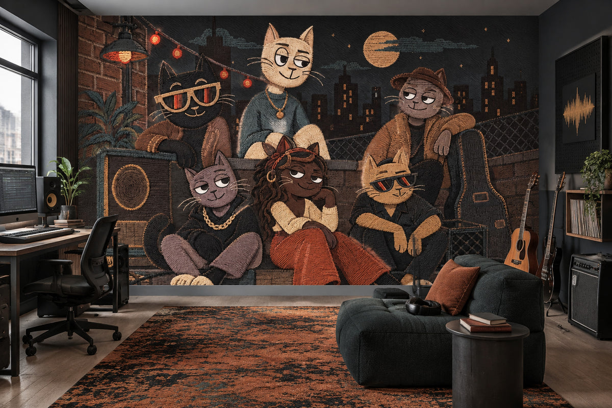 Cool Cat Rooftop Jam Wallpaper Brick Wall Night City Wall Mural