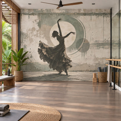 Flamenco Dancer Silhouette Wallpaper Distressed Geometric Circles Wall Mural