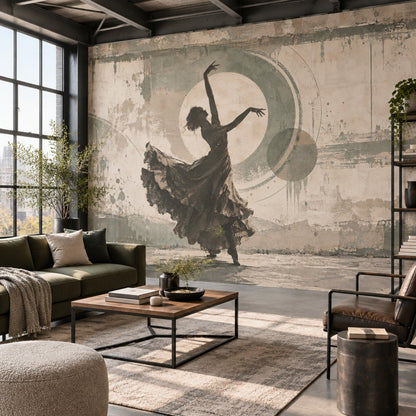 Flamenco Dancer Silhouette Wallpaper Distressed Geometric Circles Wall Mural