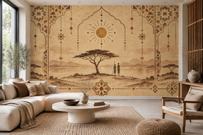 African Landscape Wallpaper Sepia Geometric Arches Wall Mural