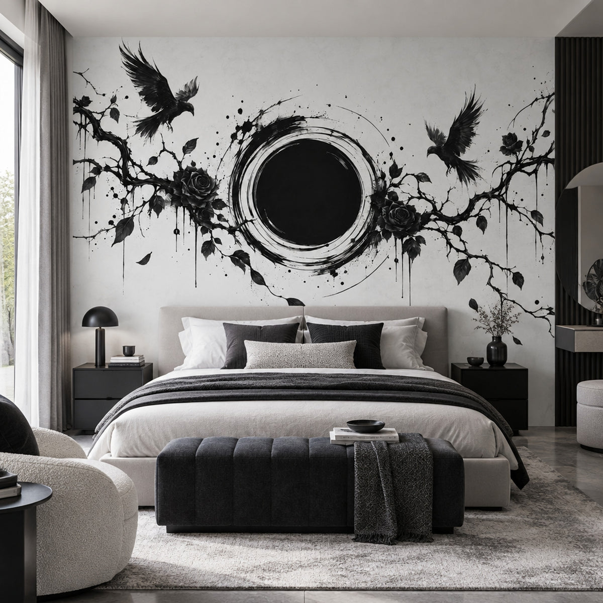 Gothic Ravens And Roses Wallpaper Ink Illustration Wall Mural