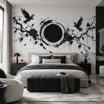 Gothic Ravens And Roses Wallpaper Ink Illustration Wall Mural