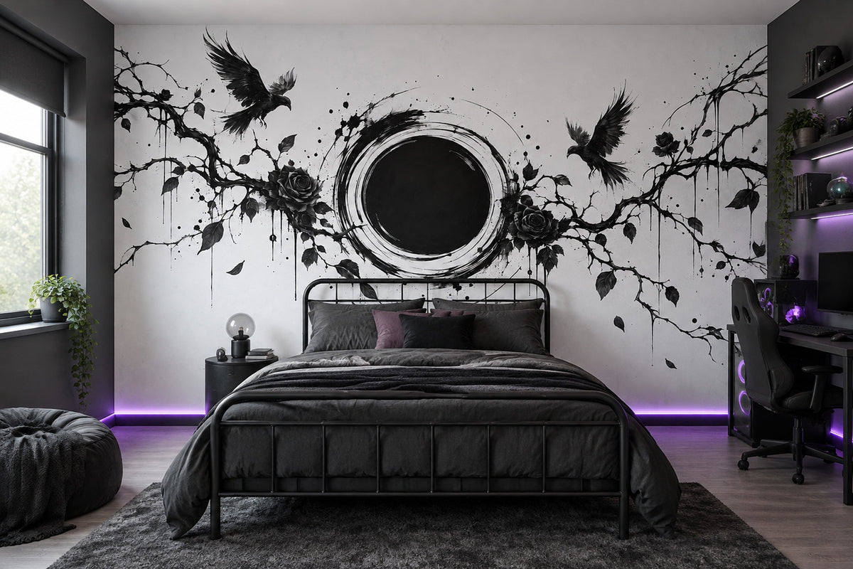 Gothic Ravens And Roses Wallpaper Ink Illustration Wall Mural