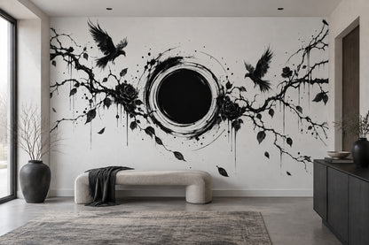 Gothic Ravens And Roses Wallpaper Ink Illustration Wall Mural
