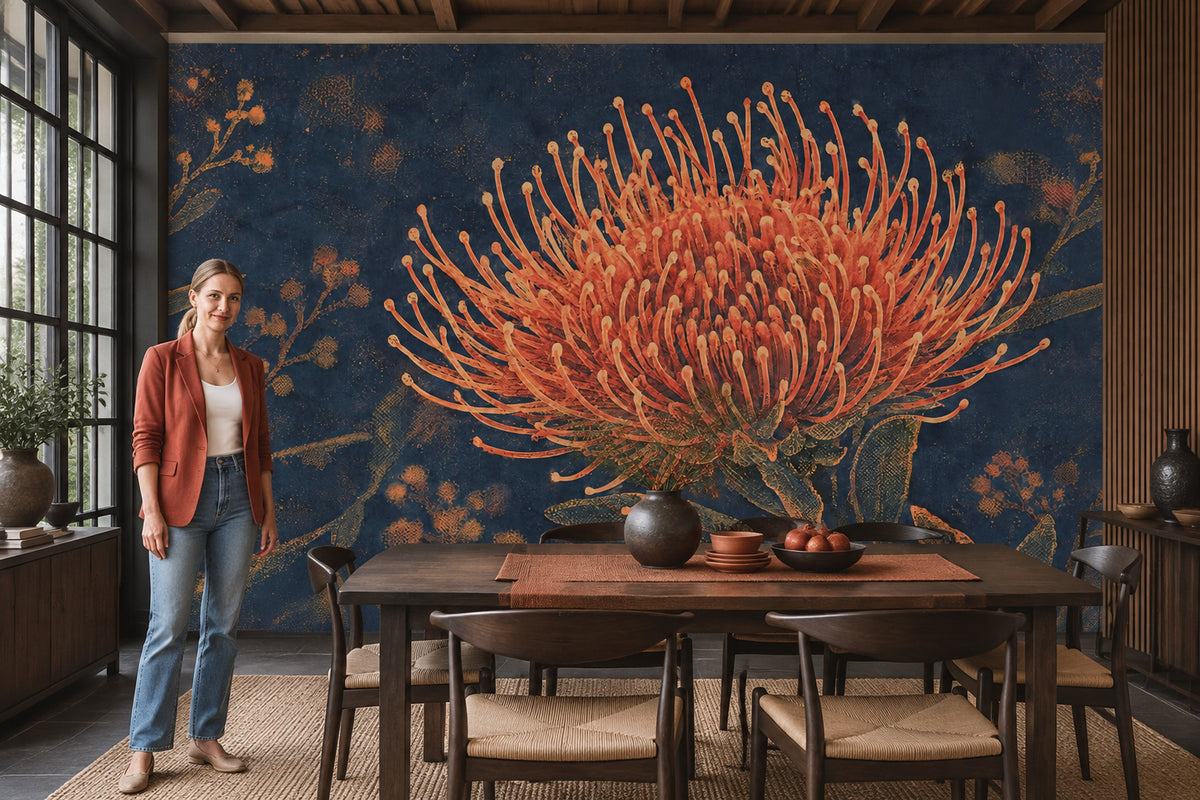 Orange Botanical Bloom Wallpaper Dark Floral Wall Mural