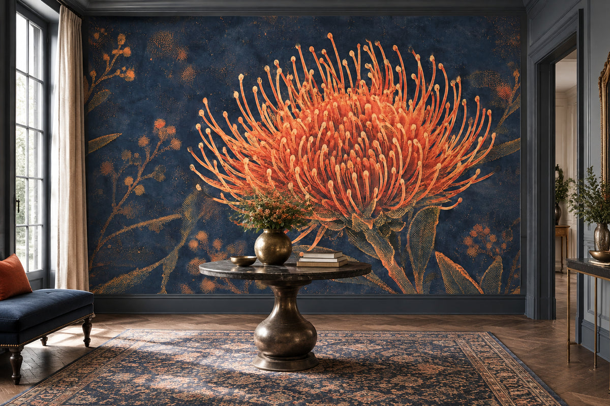 Orange Botanical Bloom Wallpaper Dark Floral Wall Mural