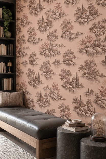 Pastoral Lake Scene Wallpaper Pink Sepia Toile