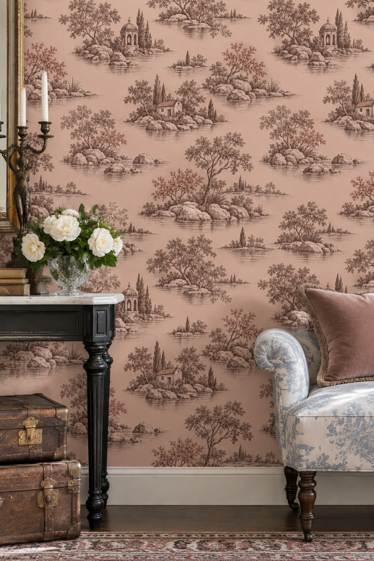 Pastoral Lake Scene Wallpaper Pink Sepia Toile