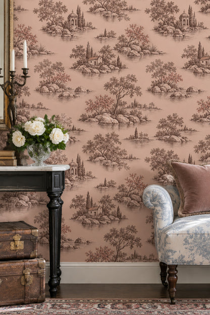 Pastoral Lake Scene Wallpaper Pink Sepia Toile